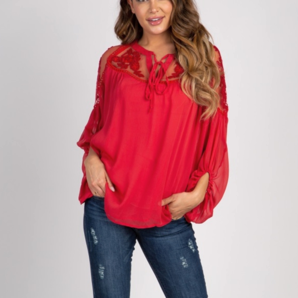 1 left New Chiffon Floral Lace Yoke Peasant Blouse - Picture 3 of 11